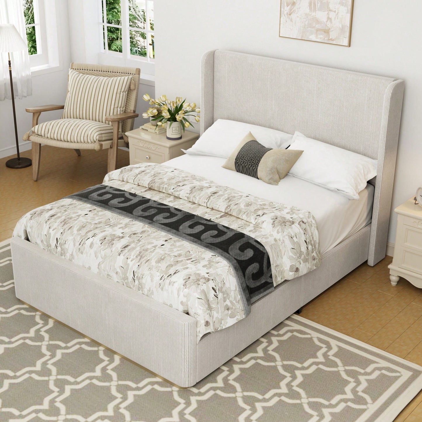 Queen Size Light Grey Corduroy Upholstered Bed Frame With Vertical Stripe Wingback Headboard And High Footboard