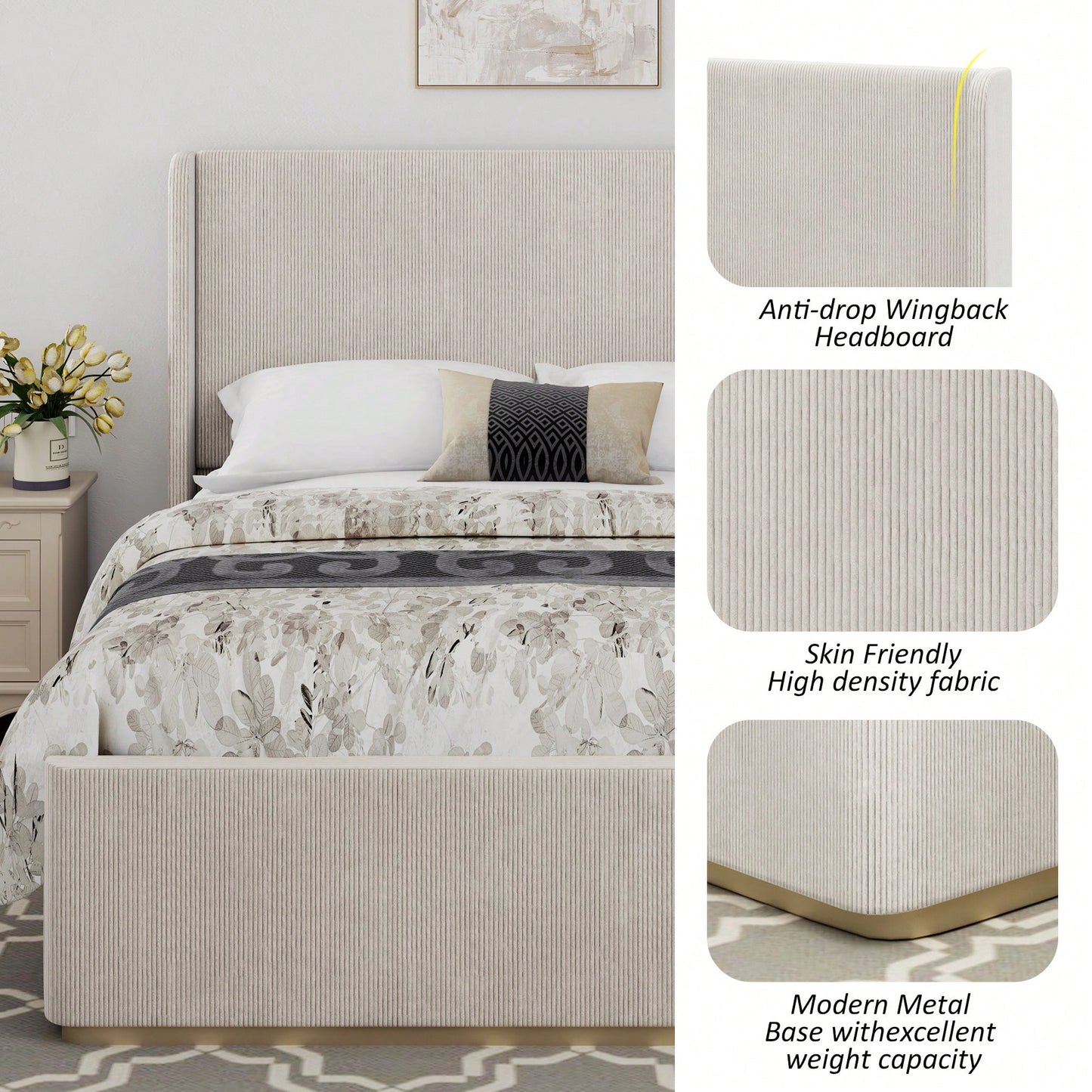 Queen Size Light Grey Corduroy Upholstered Bed Frame With Vertical Stripe Wingback Headboard And High Footboard