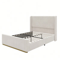 Queen Size Light Grey Corduroy Upholstered Bed Frame With Vertical Stripe Wingback Headboard And High Footboard