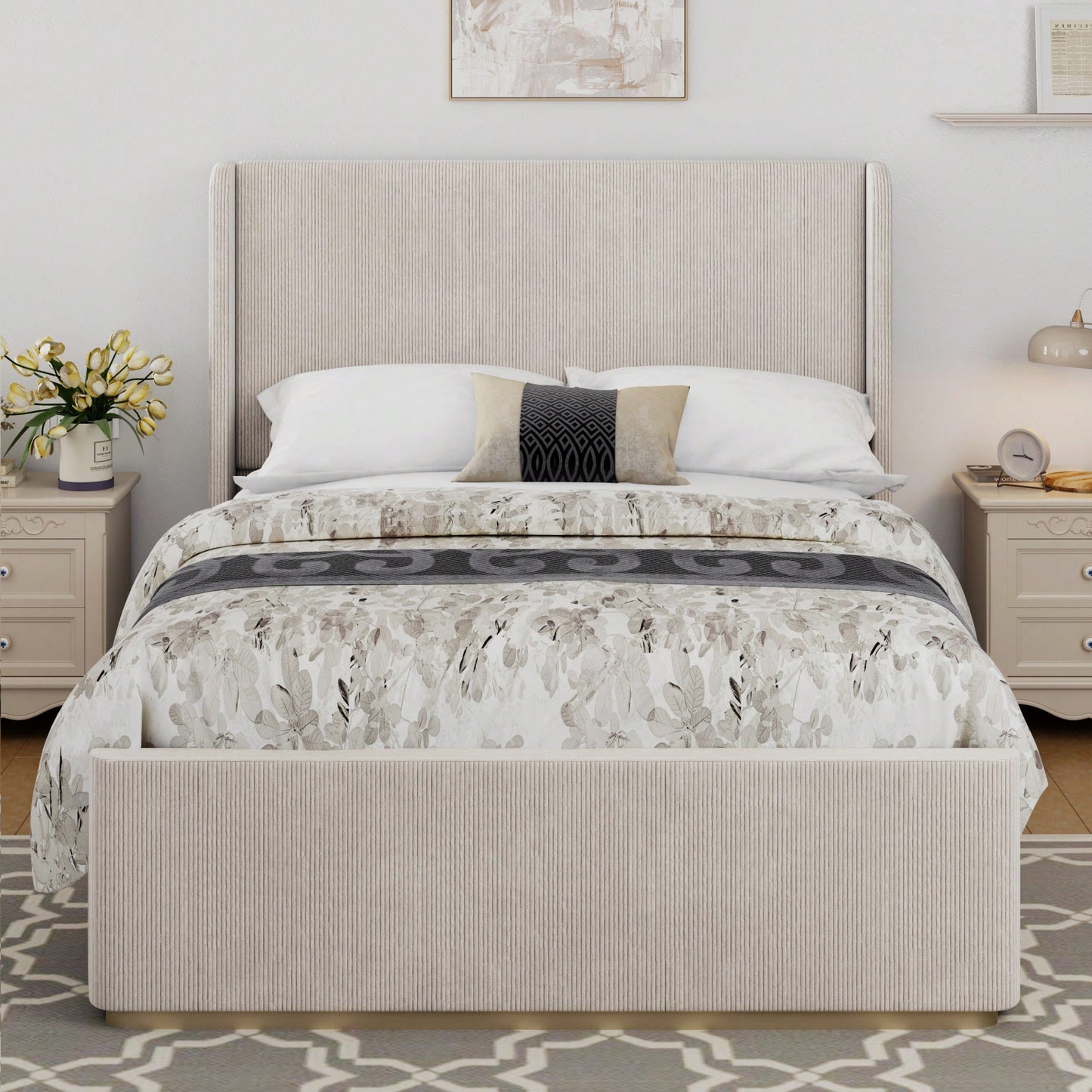 Queen Size Light Grey Corduroy Upholstered Bed Frame With Vertical Stripe Wingback Headboard And High Footboard