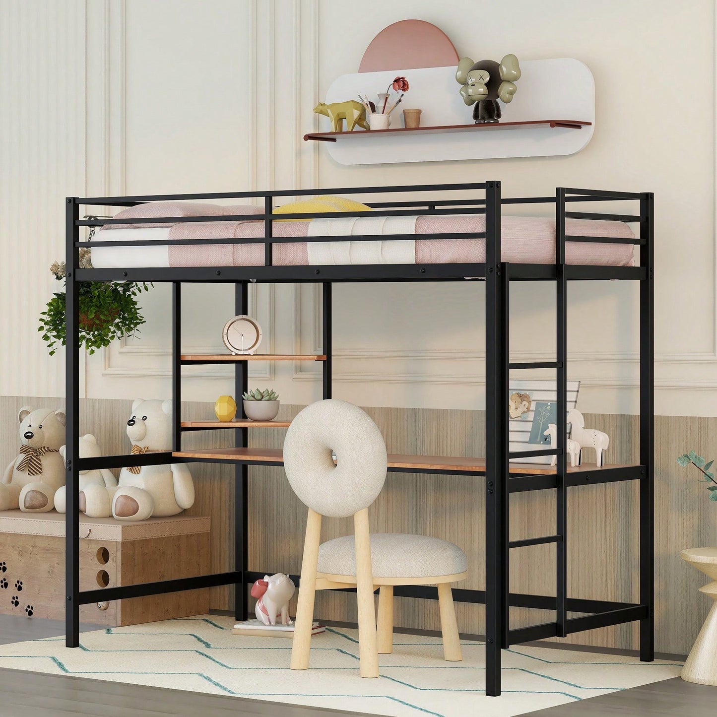 Loft Bed With Desk And Shelves In Black For Space-Saving Solutions