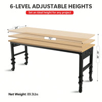 Adjustable 72 Inch Rolling Workbench With Power Outlet Heavy-Duty Rubber Wood Top Ideal For Garage Office Workshop Home Easy Assembly