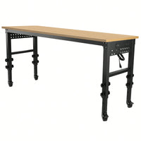 Adjustable 72 Inch Rolling Workbench With Power Outlet Heavy-Duty Rubber Wood Top Ideal For Garage Office Workshop Home Easy Assembly