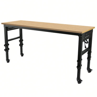 Adjustable 72 Inch Rolling Workbench With Power Outlet Heavy-Duty Rubber Wood Top Ideal For Garage Office Workshop Home Easy Assembly