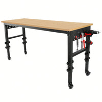 Adjustable 72 Inch Rolling Workbench With Power Outlet Heavy-Duty Rubber Wood Top Ideal For Garage Office Workshop Home Easy Assembly