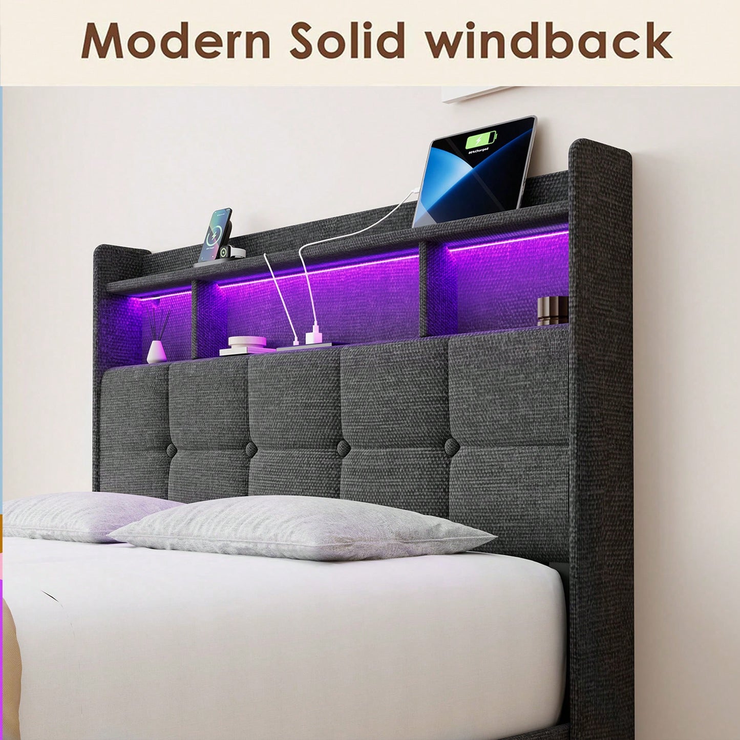 Multi-Functional LED Bed Frame With Charging Station And Memory Foam Headboard