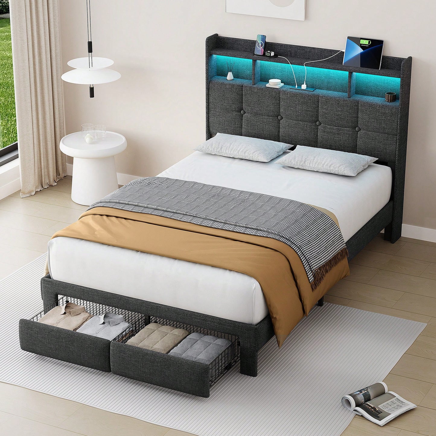 Multi-Functional LED Bed Frame With Charging Station And Memory Foam Headboard