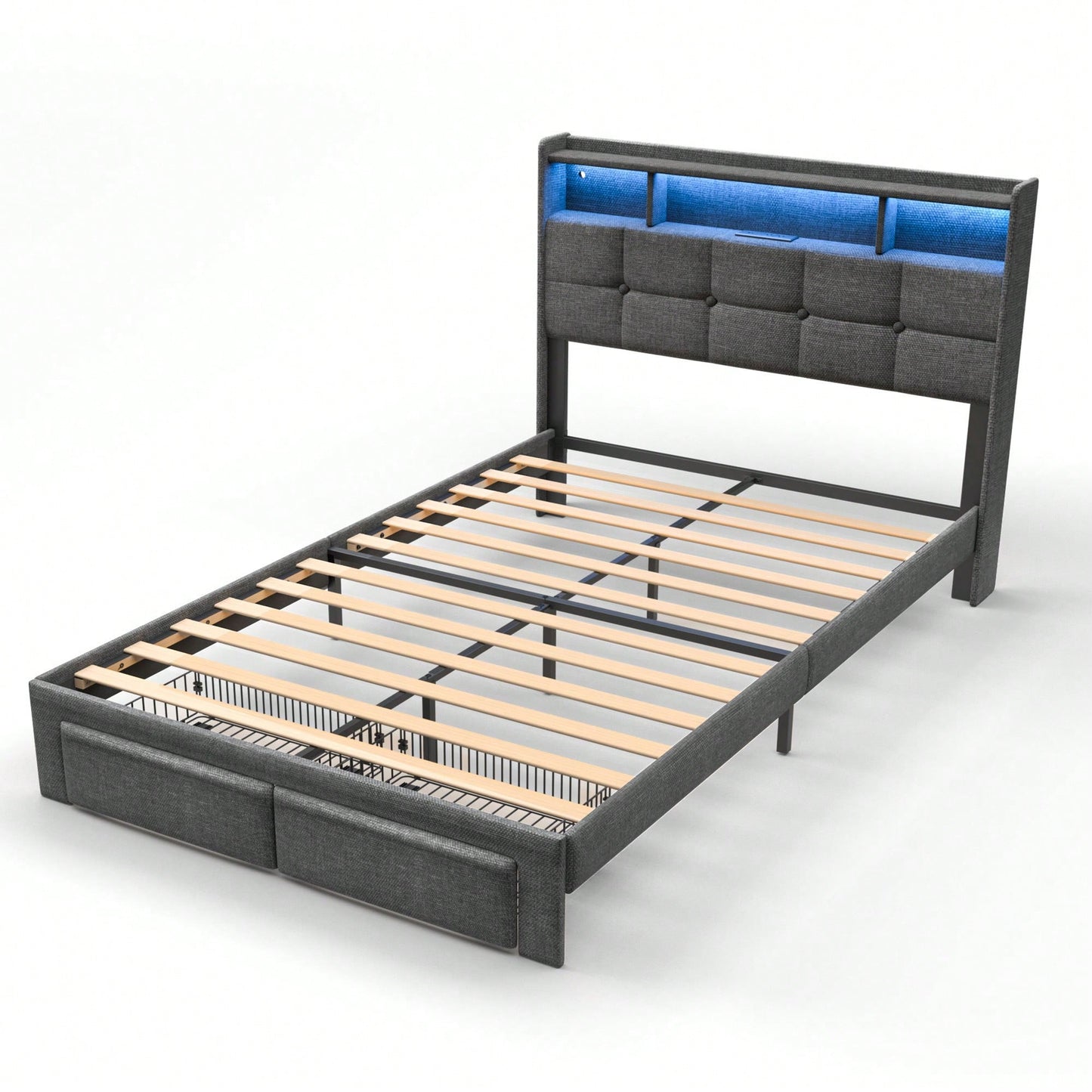 Multi-Functional LED Bed Frame With Charging Station And Memory Foam Headboard