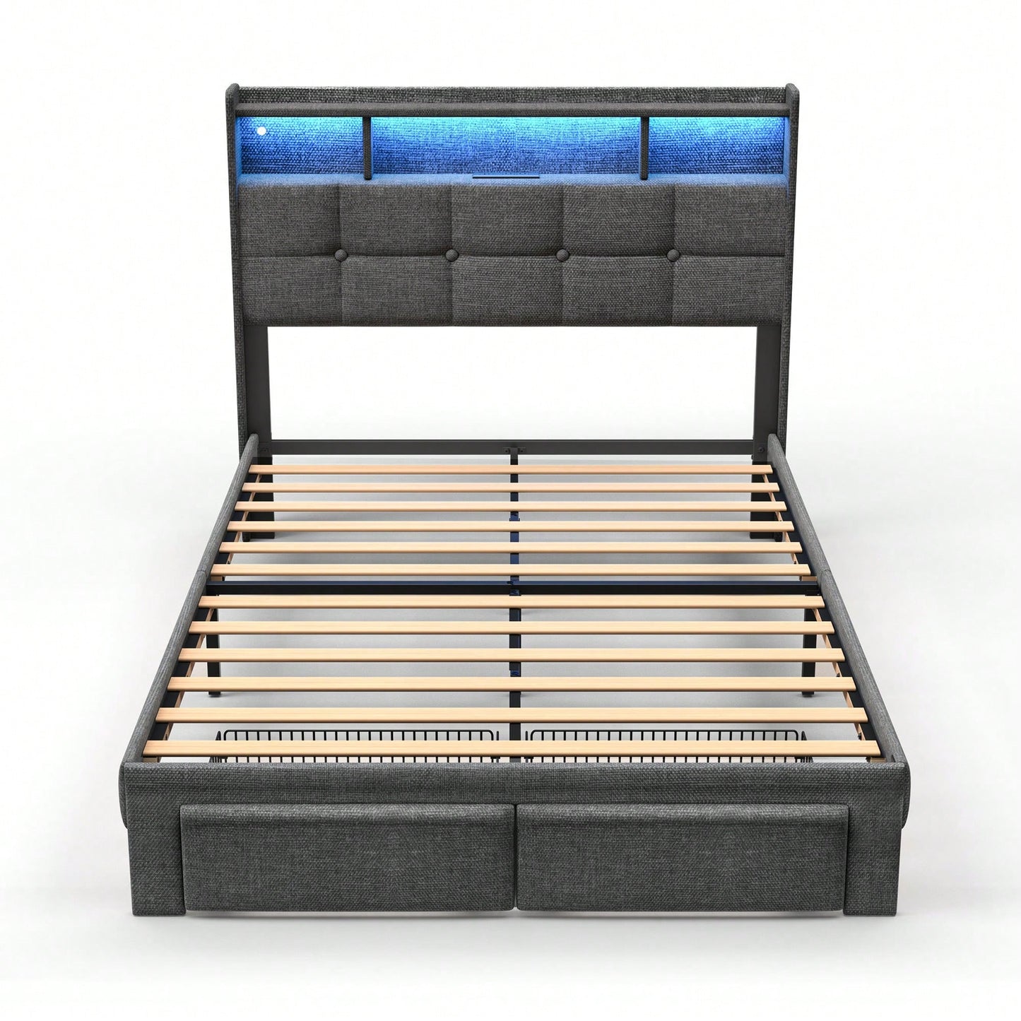 Multi-Functional LED Bed Frame With Charging Station And Memory Foam Headboard