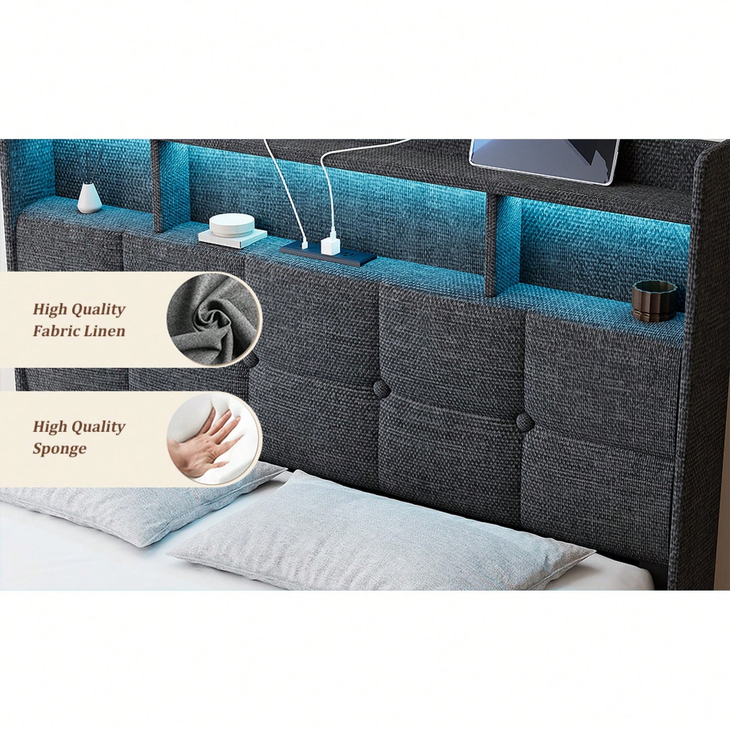 Multi-Functional LED Bed Frame With Charging Station And Memory Foam Headboard