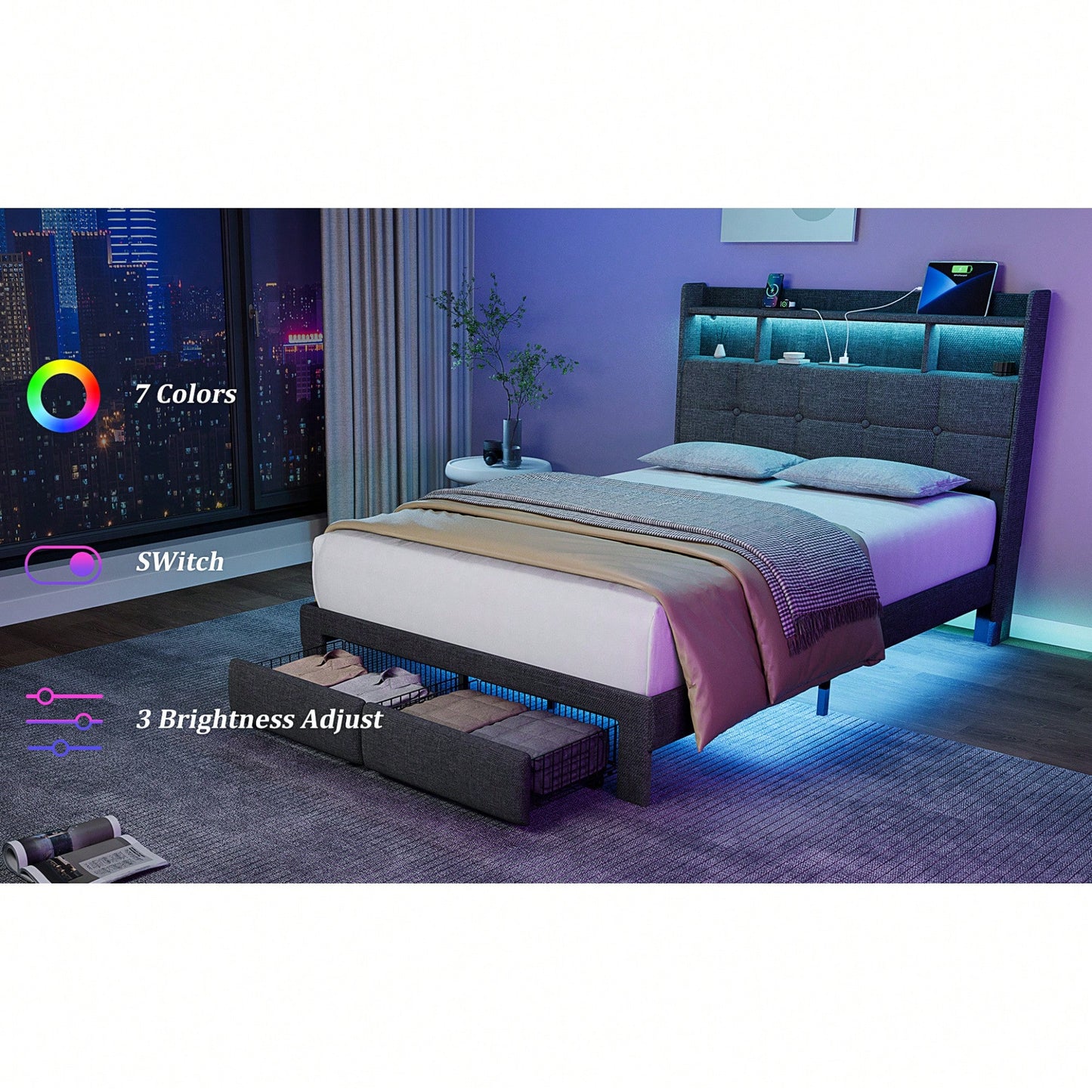 Multi-Functional LED Bed Frame With Charging Station And Memory Foam Headboard