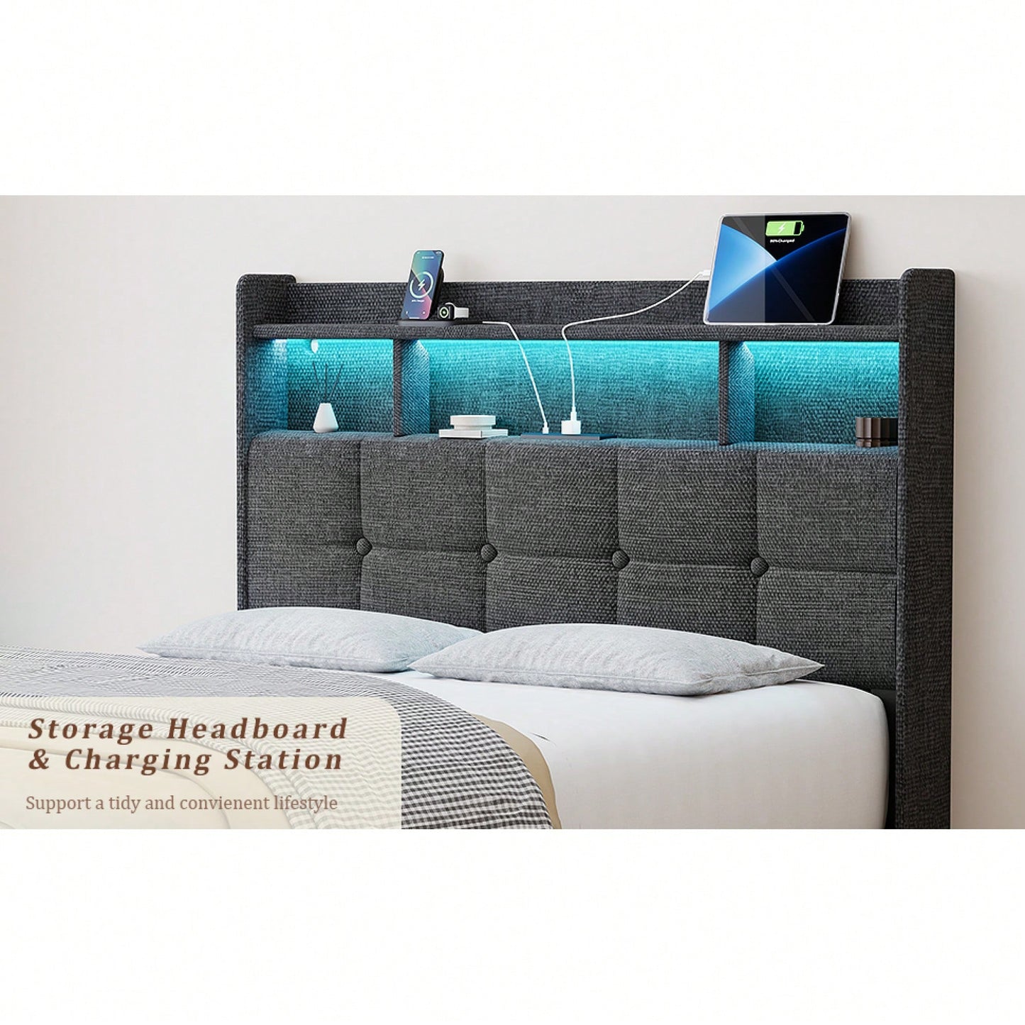 Multi-Functional LED Bed Frame With Charging Station And Memory Foam Headboard