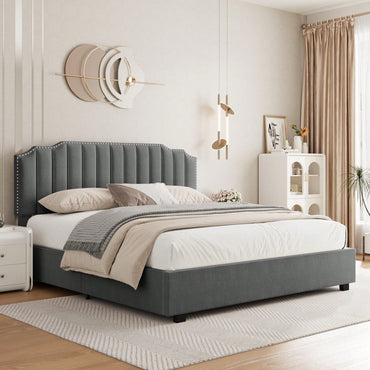Elegant Grey Velvet Queen Size Bed With Lift-Up Storage
