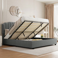 Elegant Grey Velvet Queen Size Bed With Lift-Up Storage