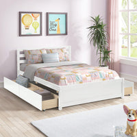 Full Size White Wood Platform Bed Frame With 4 Storage Drawers And Headboard For All Ages