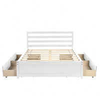 Full Size White Wood Platform Bed Frame With 4 Storage Drawers And Headboard For All Ages