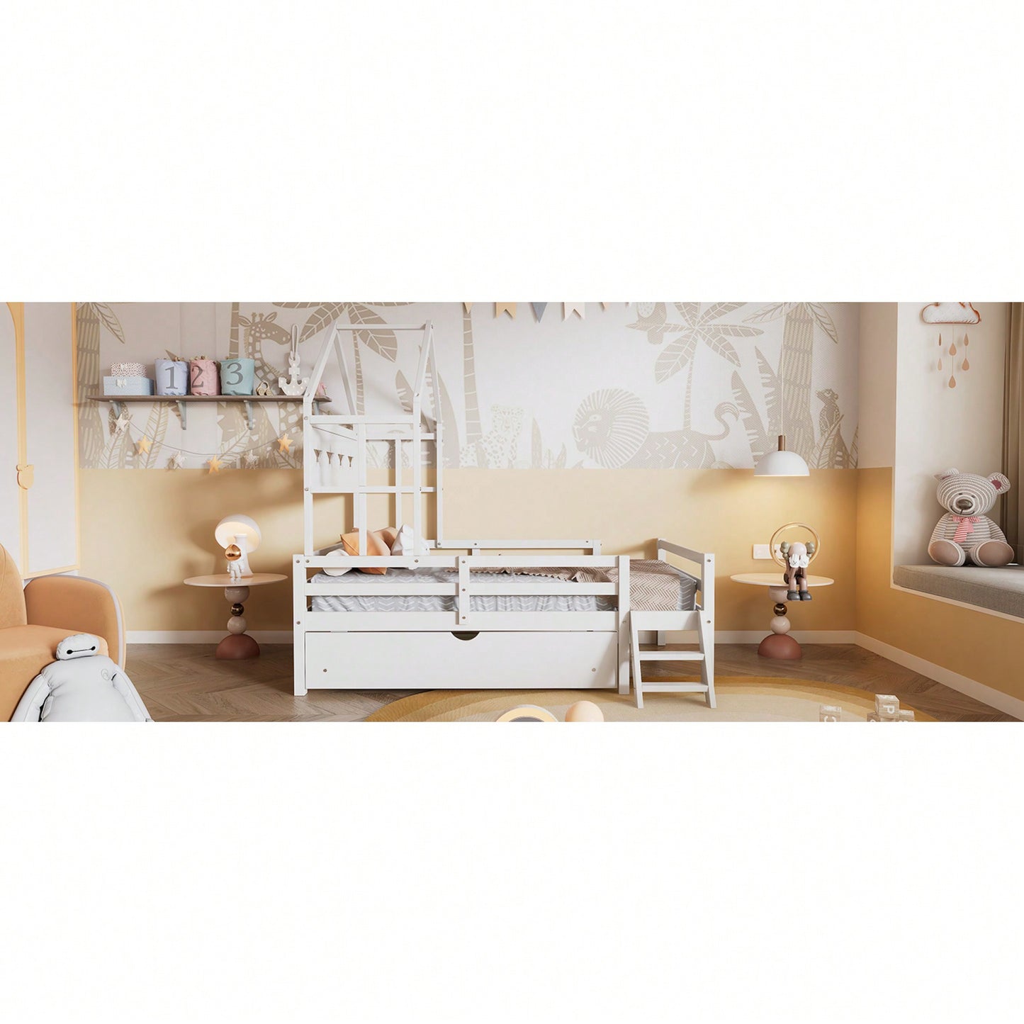 Twin Size House Platform Bed With Safety Guardrail And Storage Drawer In White