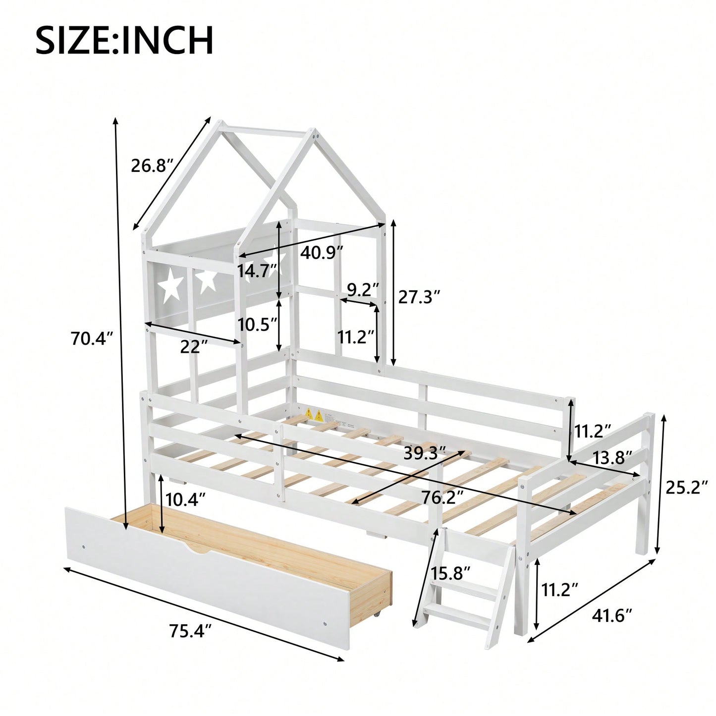 Twin Size House Platform Bed With Safety Guardrail And Storage Drawer In White