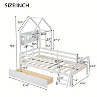 Twin Size House Platform Bed With Safety Guardrail And Storage Drawer In White