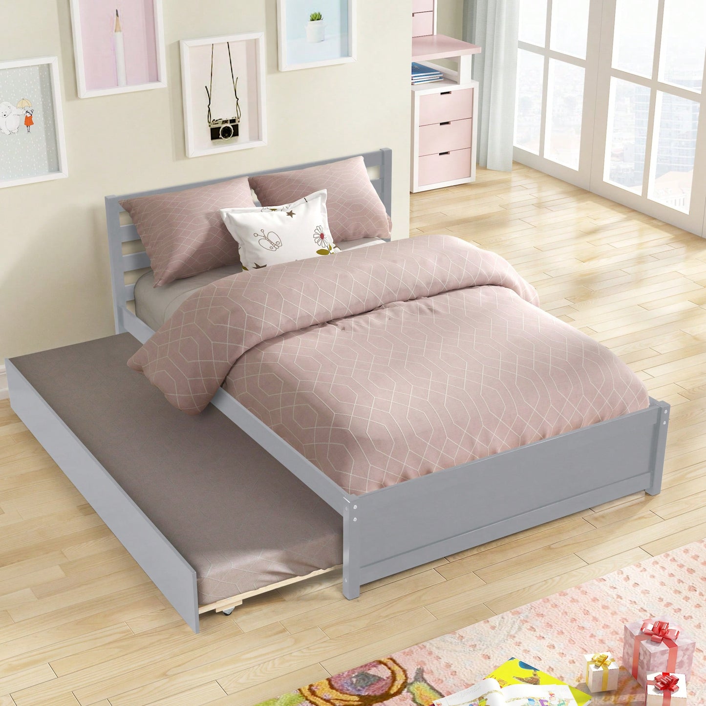 Full Size Wood Platform Bed Frame With Headboard And Twin Trundle For Space-Saving Solutions Grey