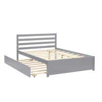 Full Size Wood Platform Bed Frame With Headboard And Twin Trundle For Space-Saving Solutions Grey
