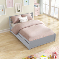 Full Size Wood Platform Bed Frame With Headboard And Twin Trundle For Space-Saving Solutions Grey
