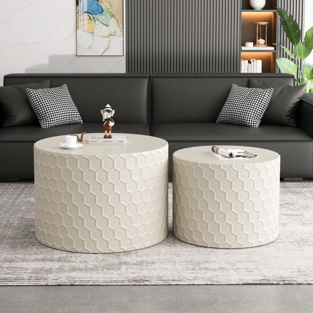 Set Of 2 Stylish Minimalist Nesting Coffee Table Set With Honeycomb Design For Living Room And Bedroom Beige