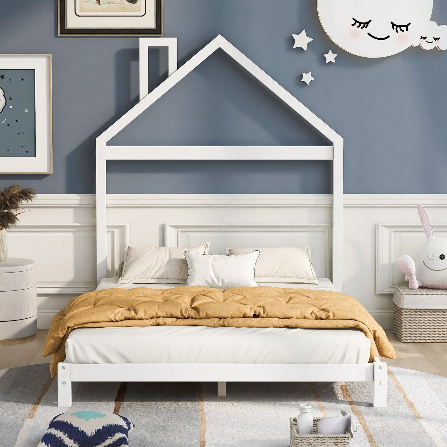 House-Shaped Headboard Full Size Wooden Platform Bed In White Finish