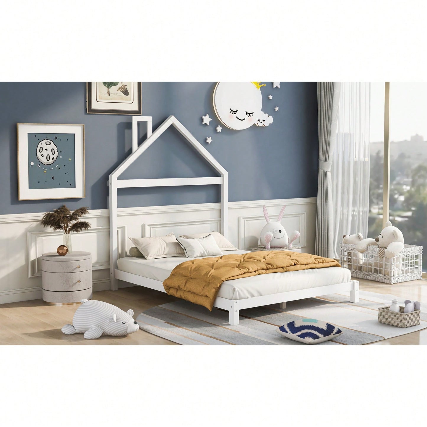 House-Shaped Headboard Full Size Wooden Platform Bed In White Finish