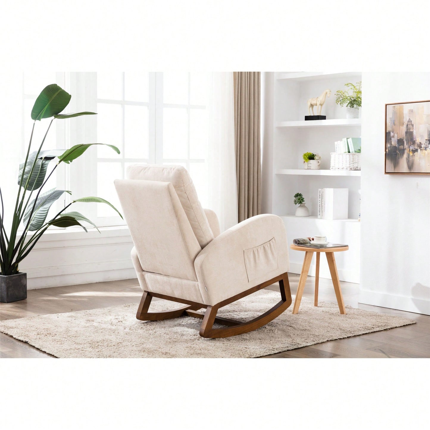 Modern Glider Recliner Armchair With Wood Legs And Side Pocket For Nursery Living Room Bedroom Beige Linen