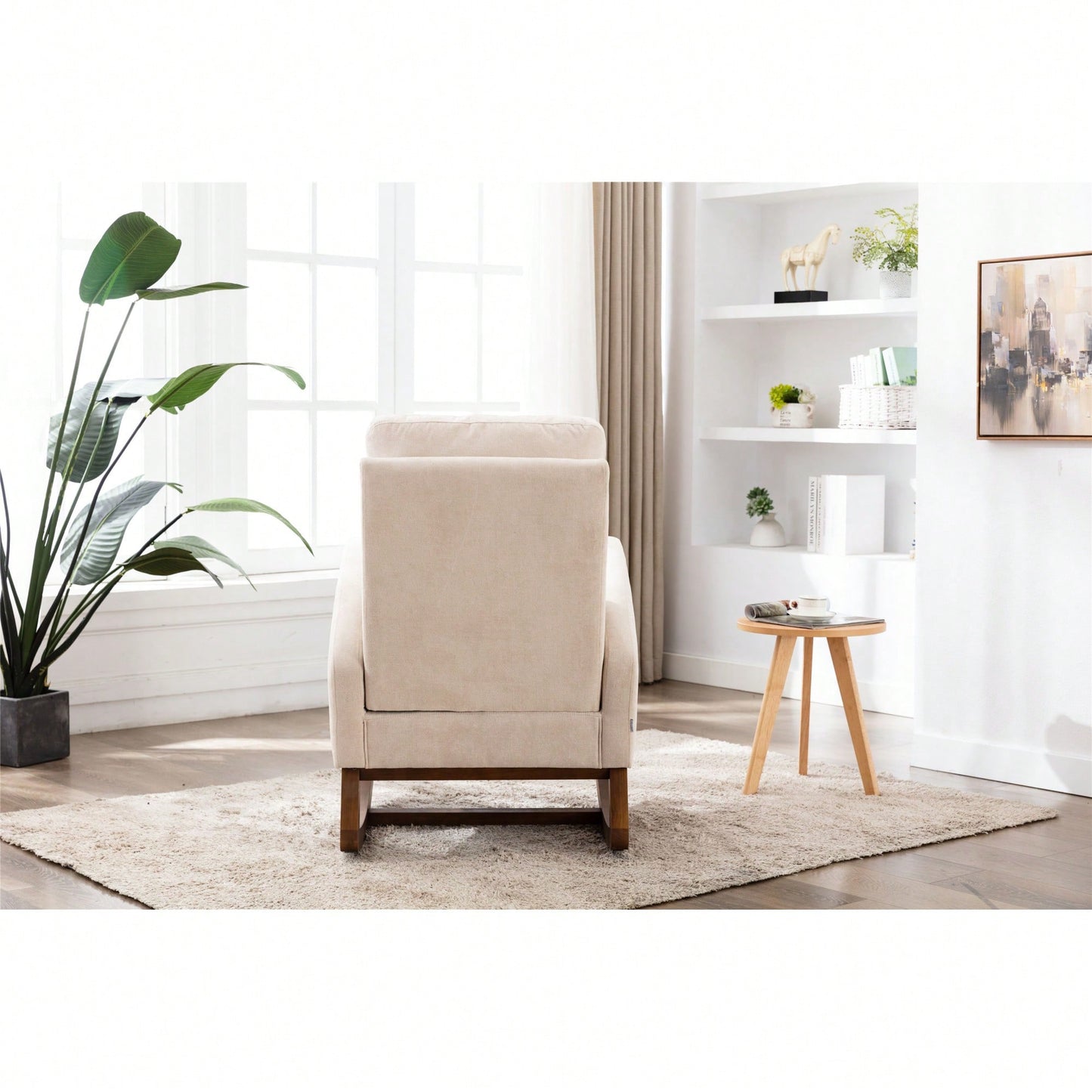 Modern Glider Recliner Armchair With Wood Legs And Side Pocket For Nursery Living Room Bedroom Beige Linen