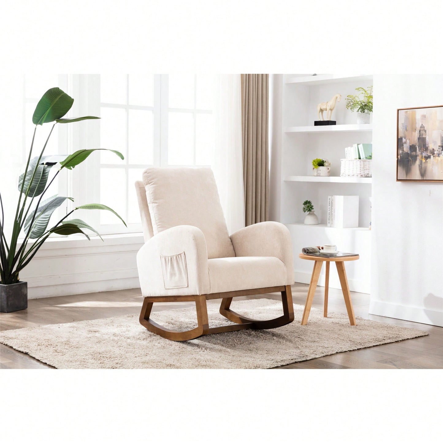 Modern Glider Recliner Armchair With Wood Legs And Side Pocket For Nursery Living Room Bedroom Beige Linen