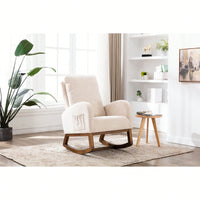 Modern Glider Recliner Armchair With Wood Legs And Side Pocket For Nursery Living Room Bedroom Beige Linen