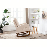 Modern Glider Recliner Armchair With Wood Legs And Side Pocket For Nursery Living Room Bedroom Beige Linen