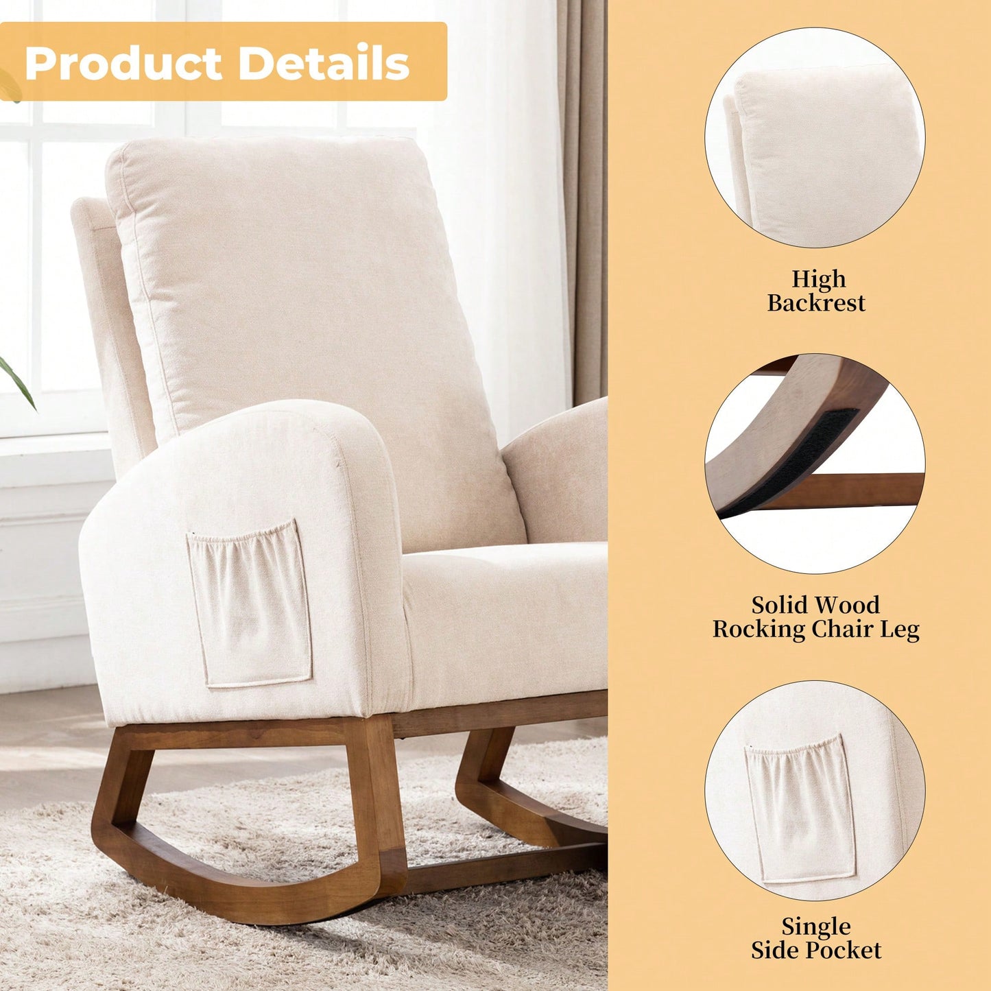 Modern Glider Recliner Armchair With Wood Legs And Side Pocket For Nursery Living Room Bedroom Beige Linen