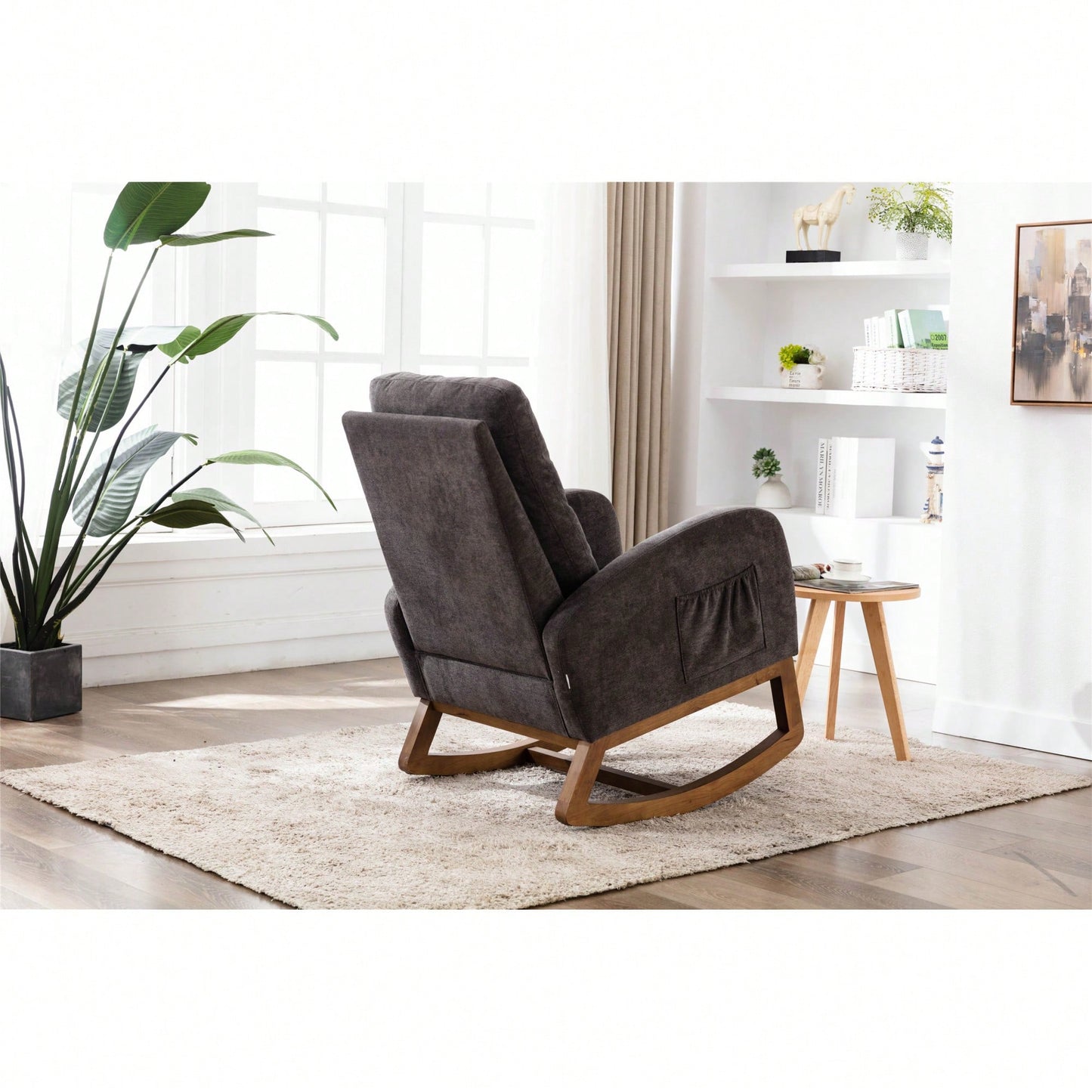 Modern Glider Recliner Armchair With Wood Legs And Side Pocket For Nursery Living Room Bedroom Beige Linen