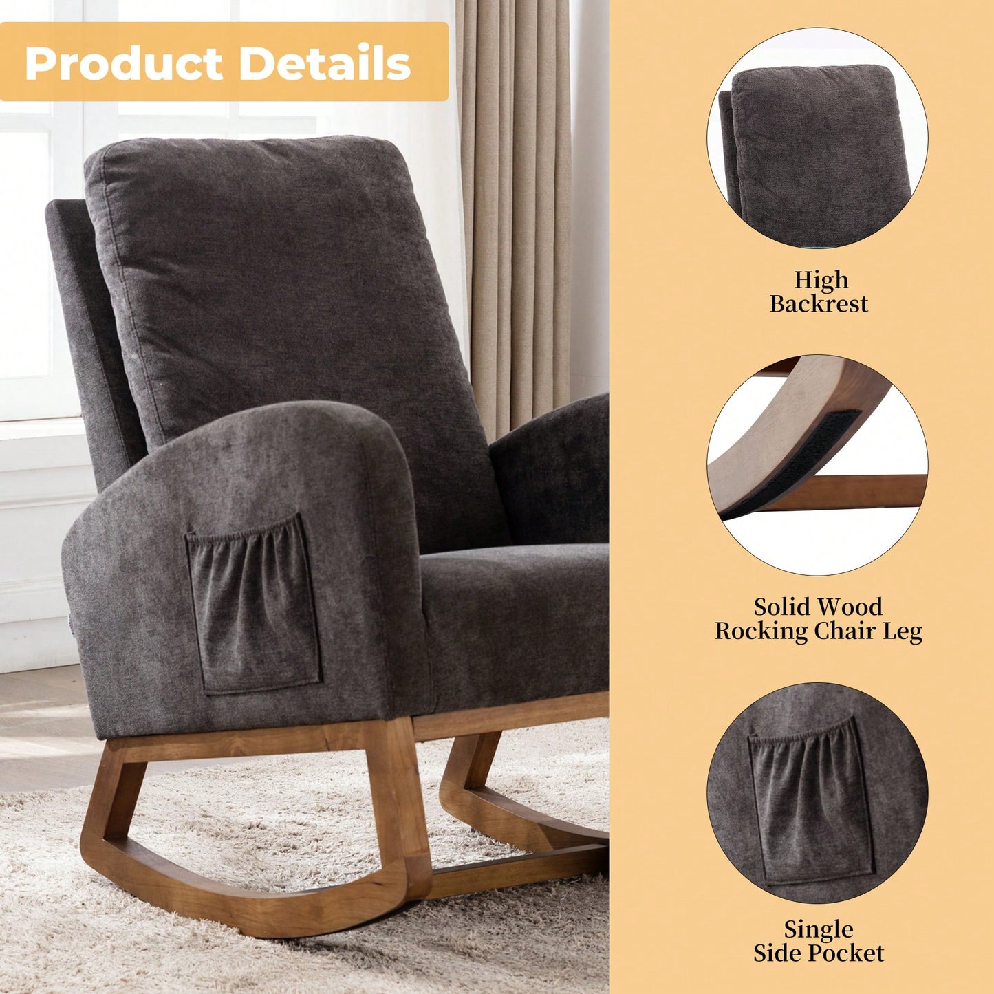 Modern Glider Recliner Armchair With Wood Legs And Side Pocket For Nursery Living Room Bedroom Beige Linen