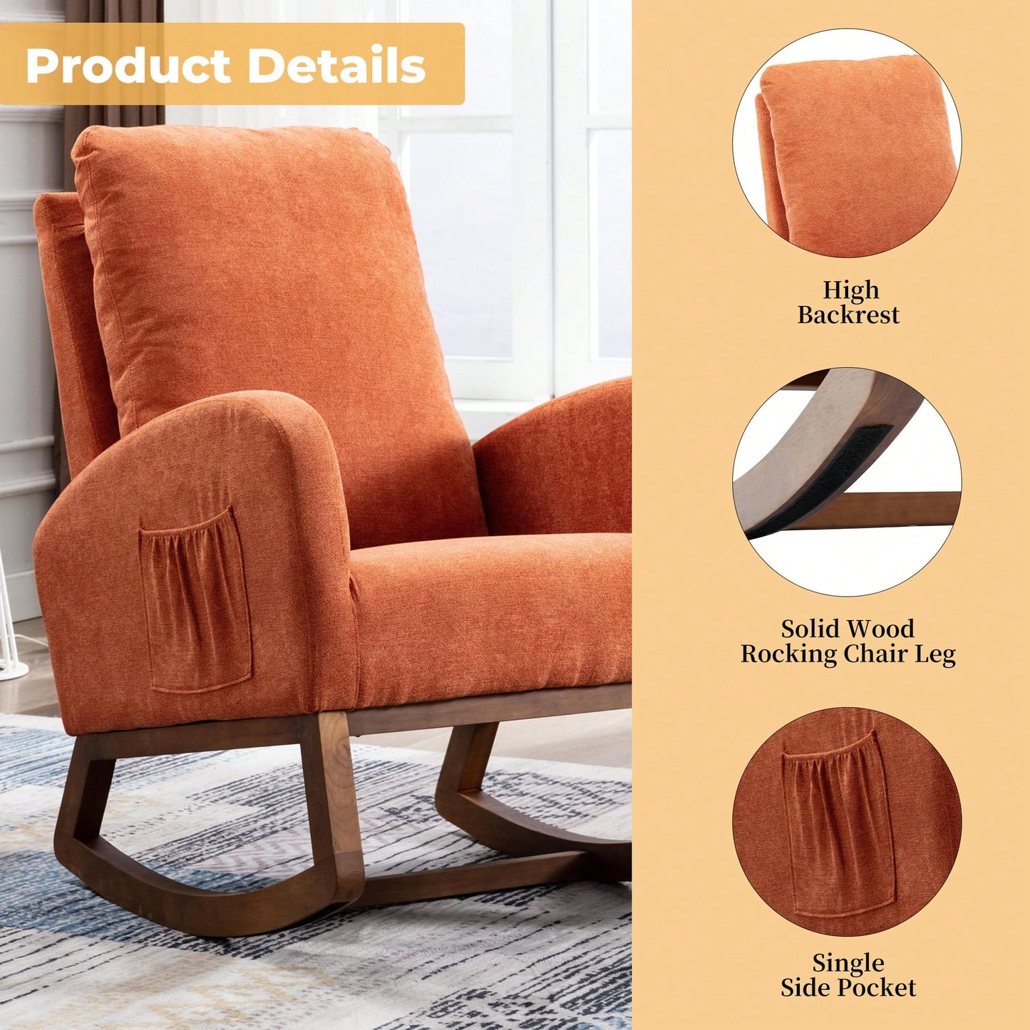 Modern Glider Recliner Armchair With Wood Legs And Side Pocket For Nursery Living Room Bedroom Beige Linen