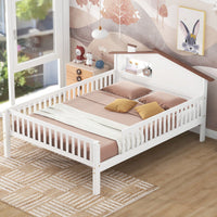 House-Shaped Full Size Wood Platform Bed With LED Lights And Built-In Storage In White