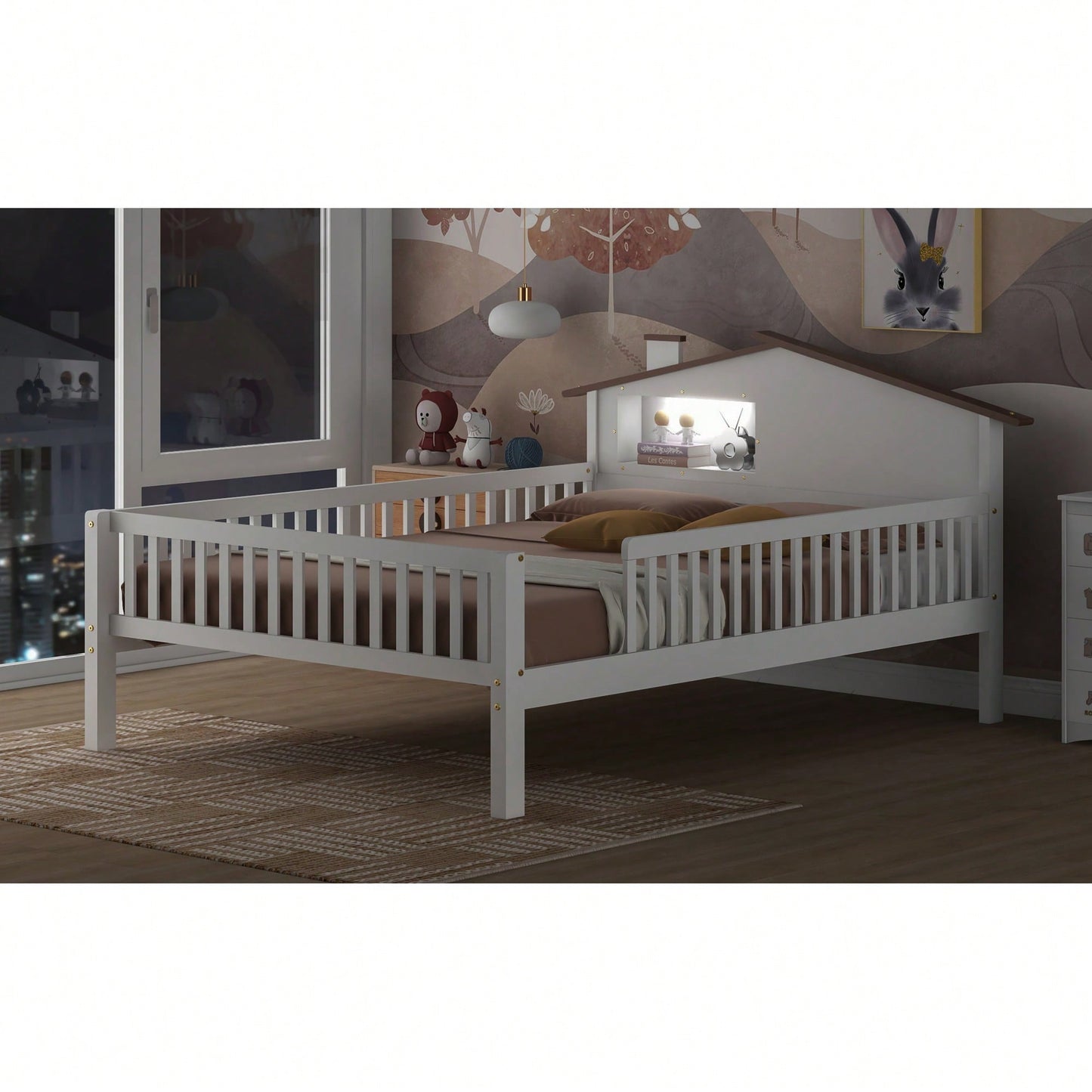 House-Shaped Full Size Wood Platform Bed With LED Lights And Built-In Storage In White