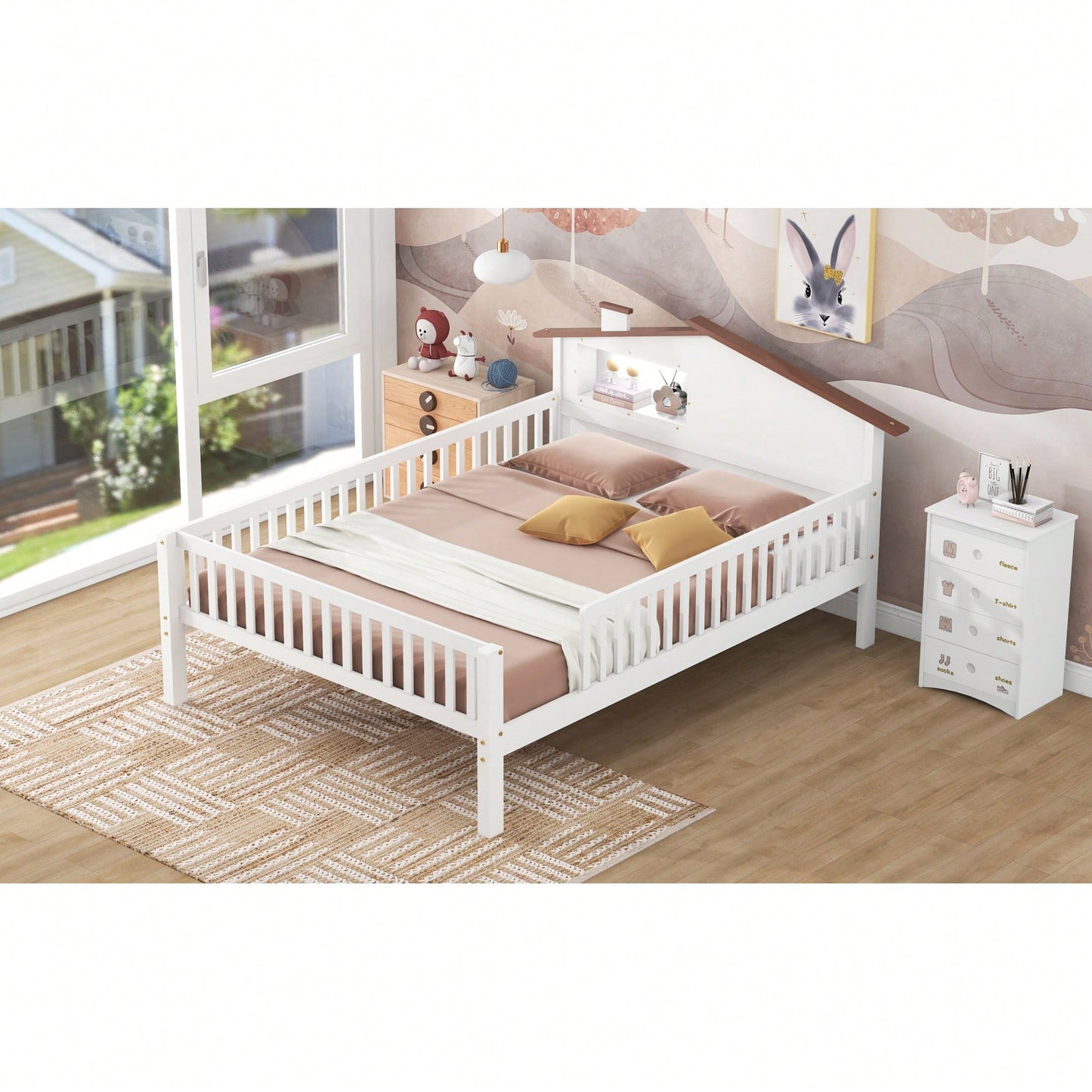 House-Shaped Full Size Wood Platform Bed With LED Lights And Built-In Storage In White