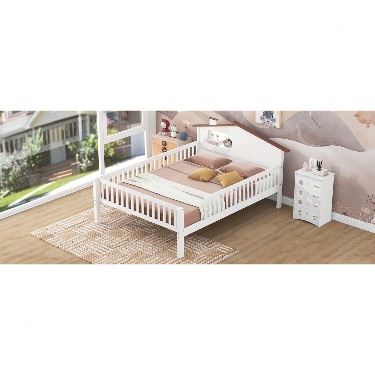 House-Shaped Full Size Wood Platform Bed With LED Lights And Built-In Storage In White