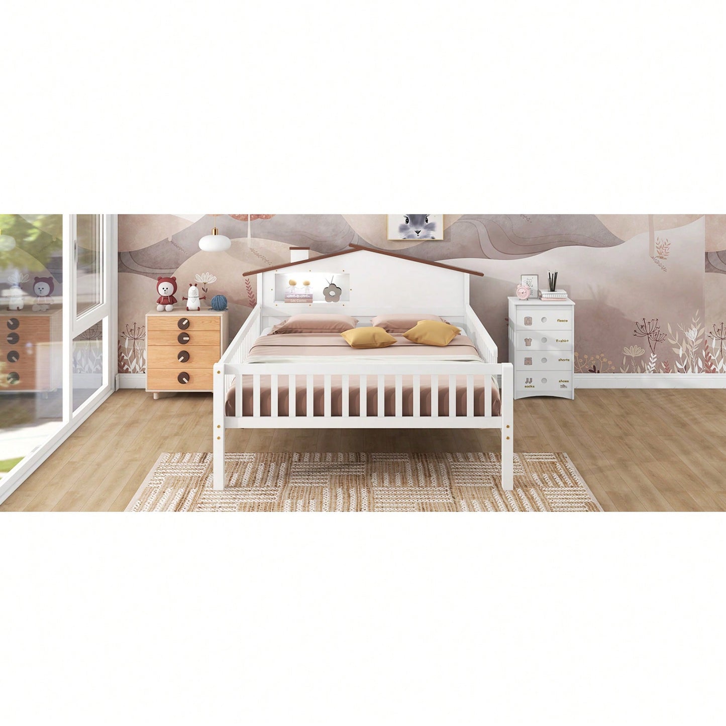 House-Shaped Full Size Wood Platform Bed With LED Lights And Built-In Storage In White