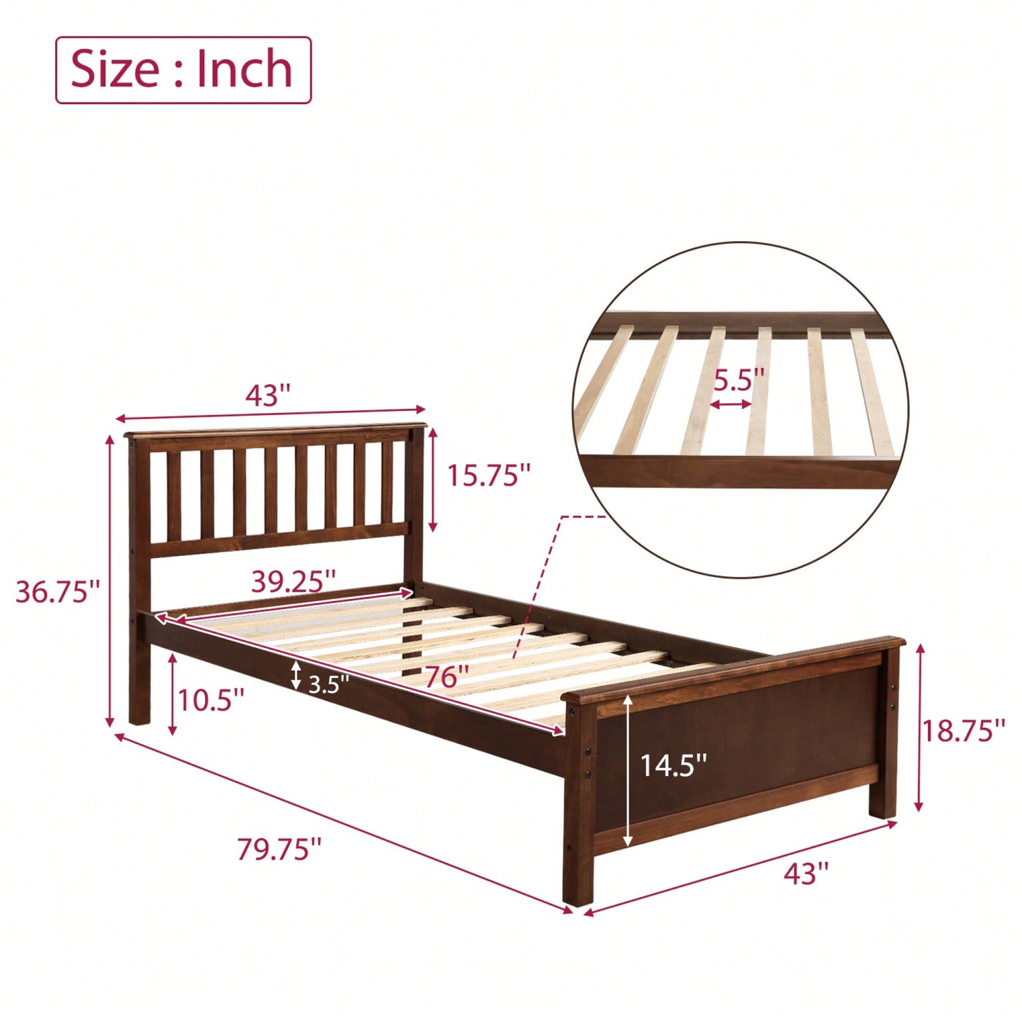 Twin Platform Wood  Bed With Headboard And Footboard, Slat Support In Walnut Finish