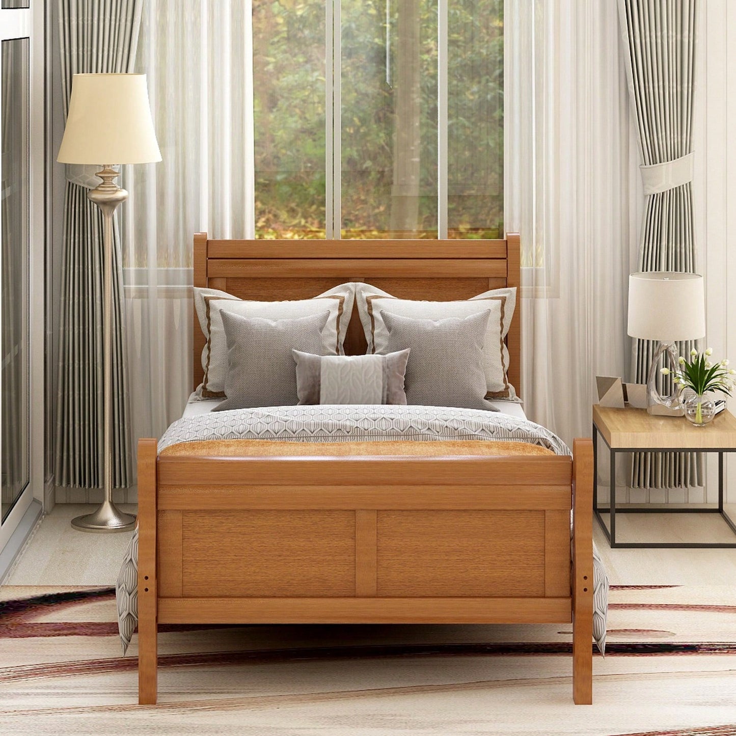 Twin Wood Platform Bed Frame With Sleigh Design Headboard Footboard And Slat Support