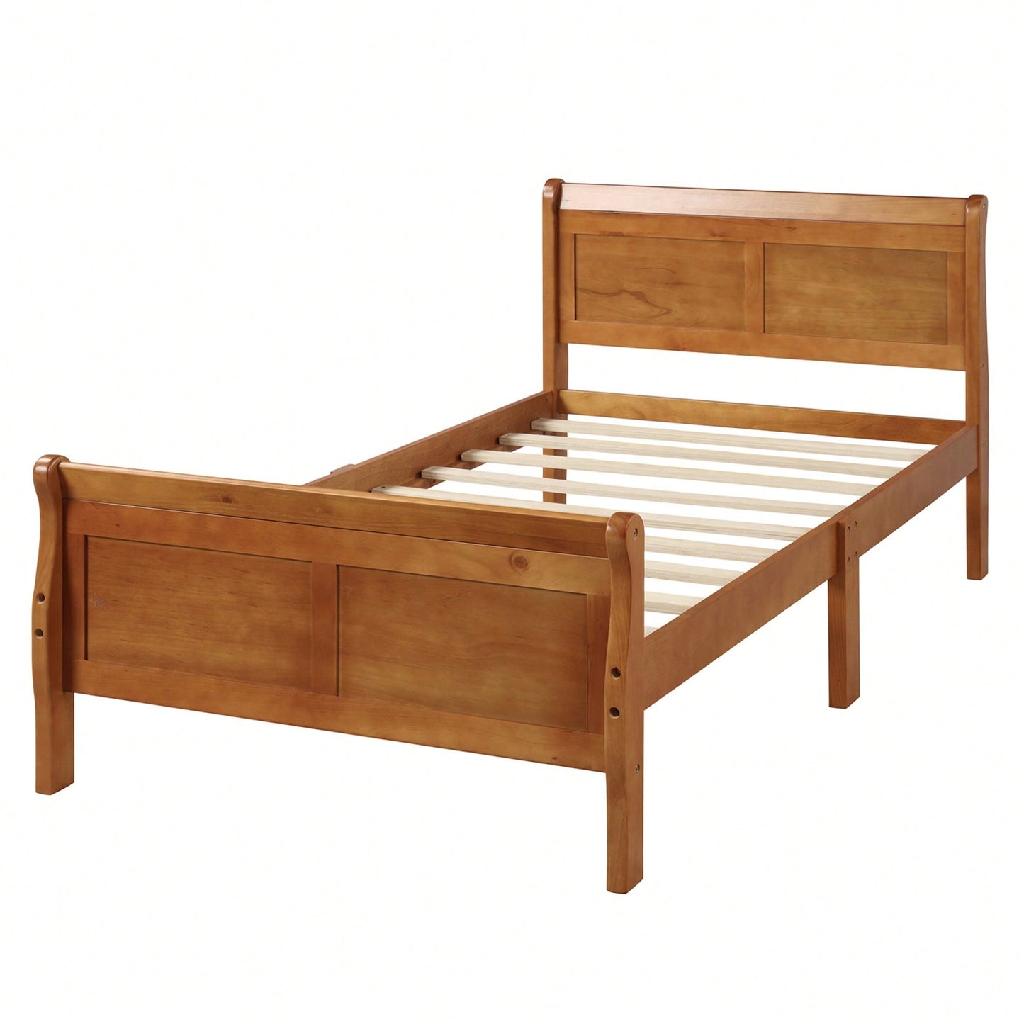 Twin Wood Platform Bed Frame With Sleigh Design Headboard Footboard And Slat Support