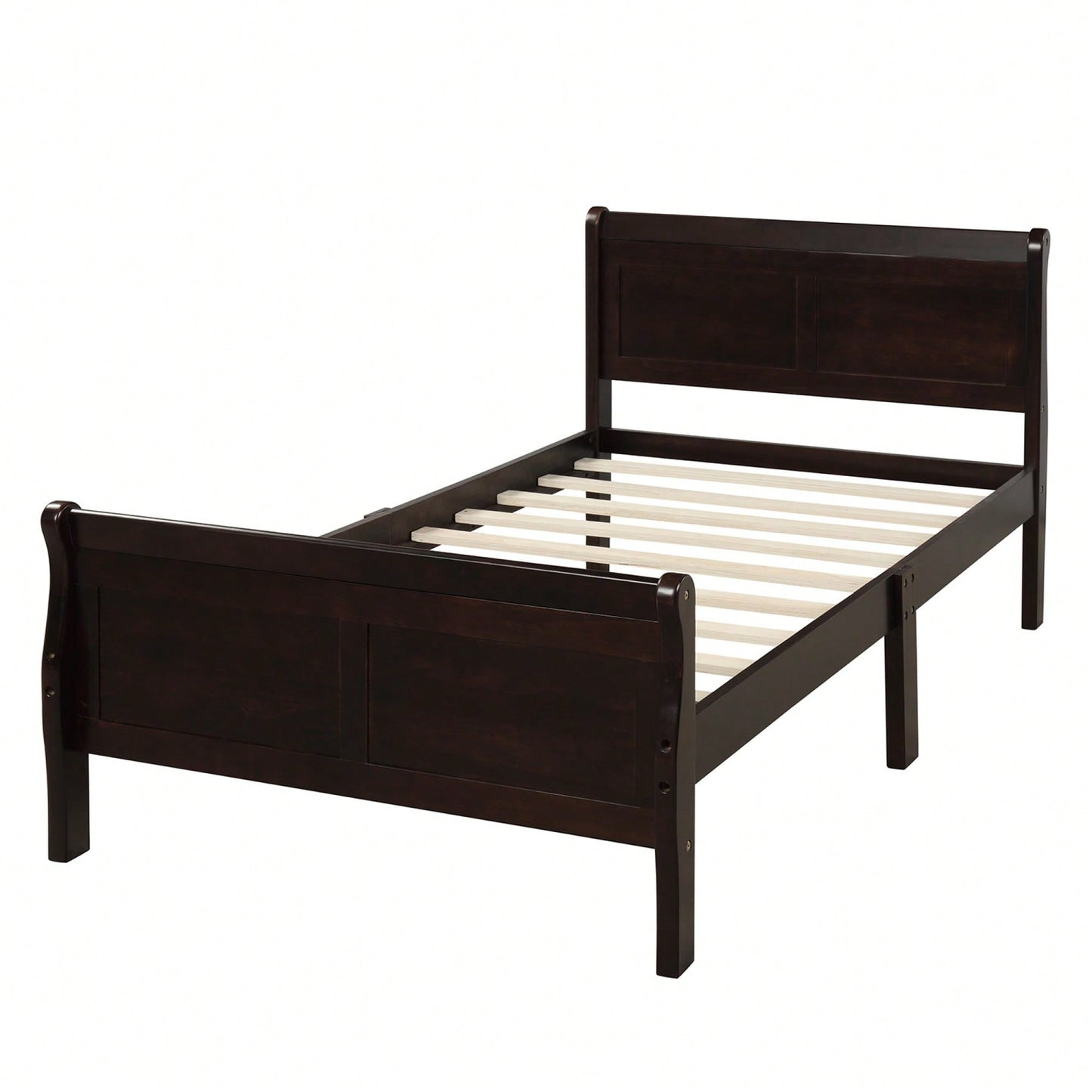 Twin Wood Platform Bed Frame With Sleigh Design Headboard Footboard And Slat Support