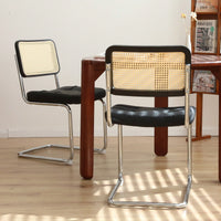 Set Of 2 Modern Faux Leather Rattan Accent Chairs With Chrome Legs For Dining Living Room Kitchen Brown
