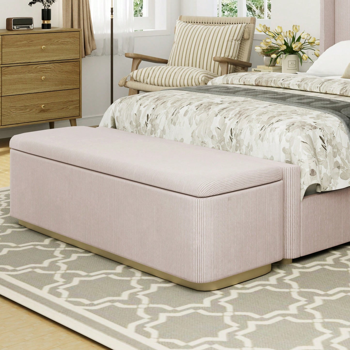 Corduroy Storage Ottoman With Vertical Stripe Design For Bedroom And Living Room End Of Bed Bench 59.1 Inches Pink