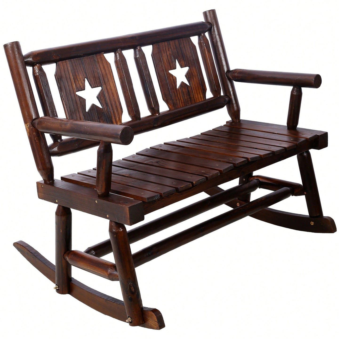 Carbonized Double Rocking Chair For 2 With Wide Curved Seat Ideal For Porch Garden And Backyard Rustic Brown Finish